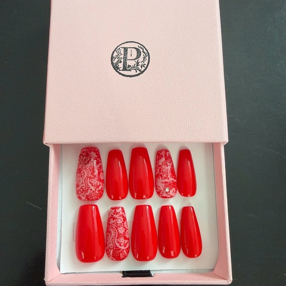 Glossy Red paisley Press-On Nails - At-Home premium instant gel Manicure coffin